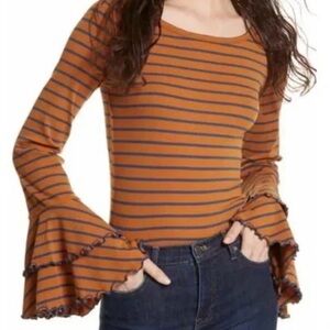 We The Free Brown/Orange Striped Bell Sleeve Top
